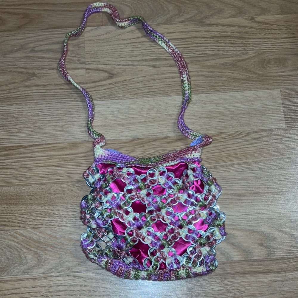 Handmade Crochet Pop‎ Tab Shoulder Bag Upcycled Purple Pink Purse
